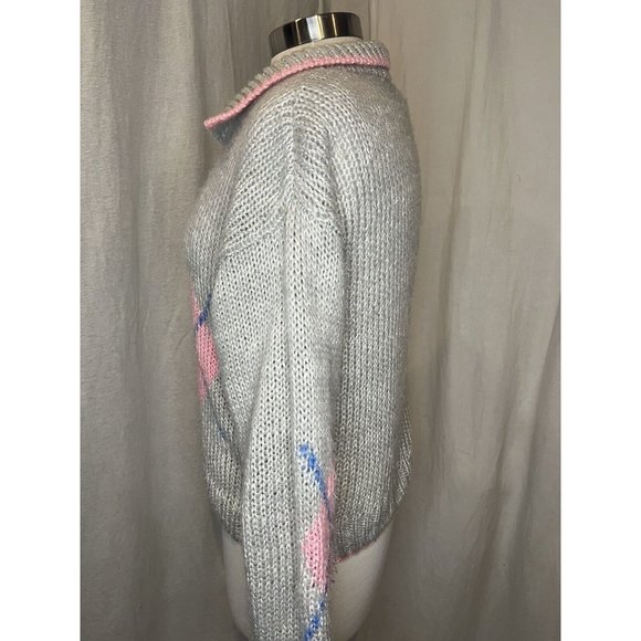 EVIAN II Knitted by Hand Women's Sweater Size M Long Sleeve Collar Grey/Pink - Picture 3 of 13
